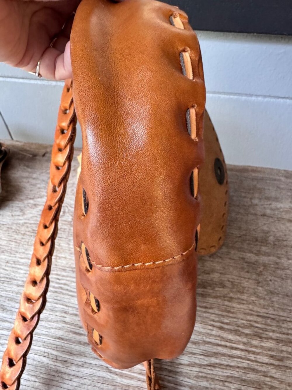Patricia Nash Tooled Leather Saddle Crossbody Bag Brown Braided Strap Whipstitch - Picture 8 of 8